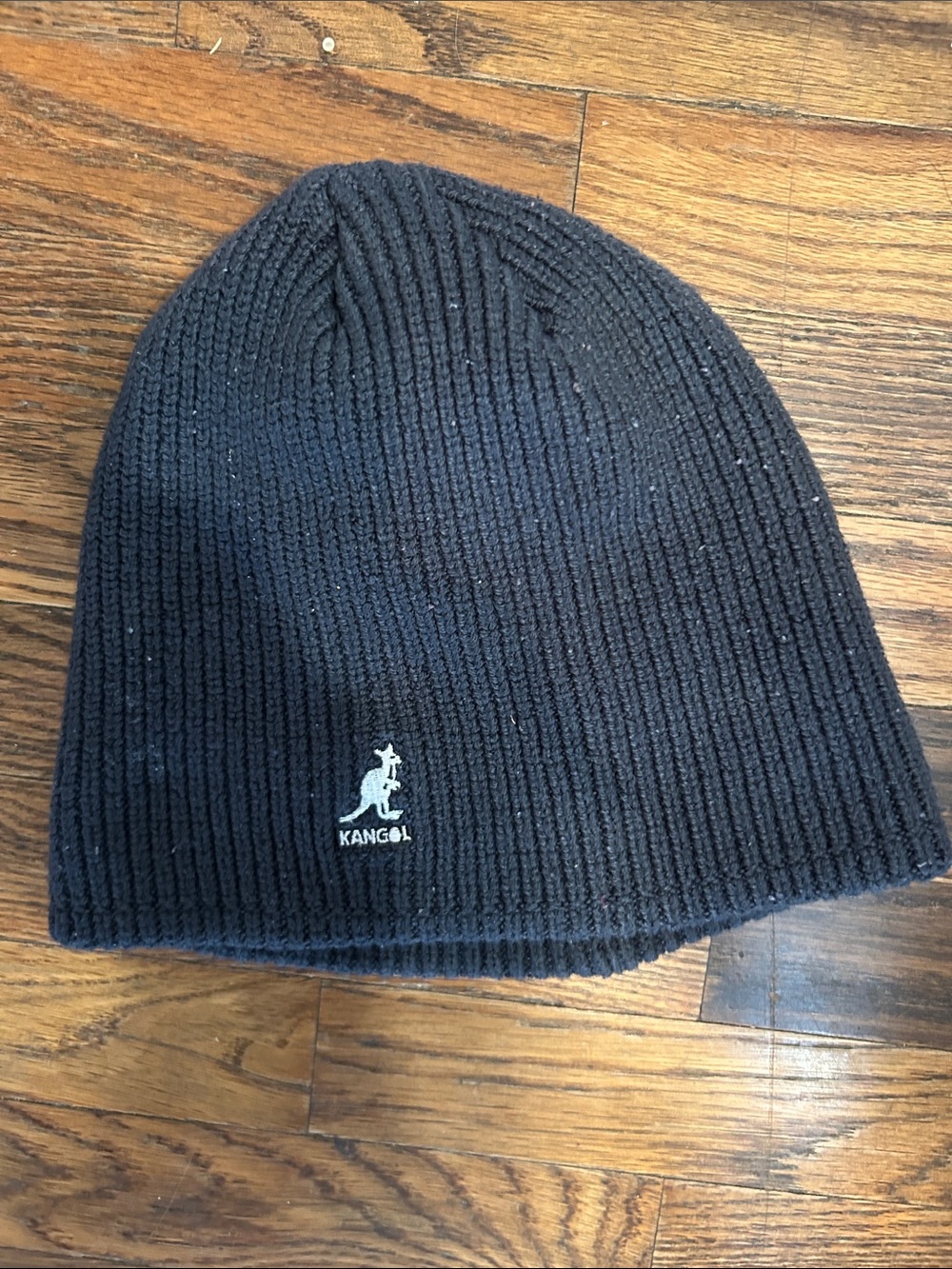 Kangol Black Ribbed Beanie with White Kangaroo Logo